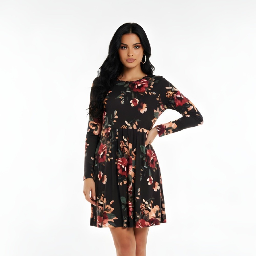 Long‎ Sleeve Black Dress with Coral and Red Flowers Large
